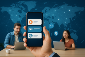 Illustration of hand holding phone with notifications in a global network map setting, with a focused mood.