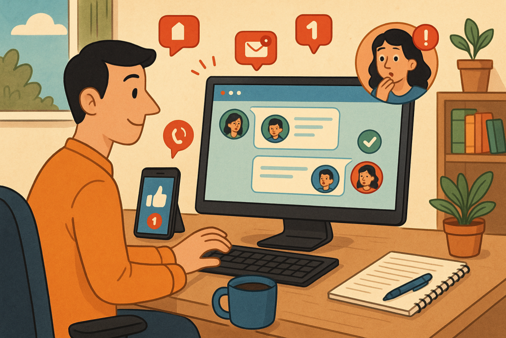 Illustration of private conversation interface demo in a home office desk setting, with a focused mood.