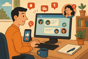 Illustration of private conversation interface demo in a home office desk setting, with a focused mood.