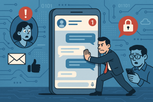 Illustration of private conversation interface demo in a abstract tech patterns setting, with a determined mood.