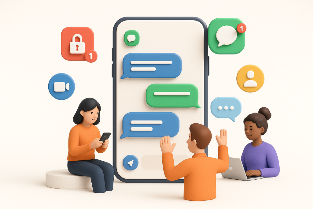 Illustration of smartphone with messaging apps open in a minimal app interface setting, with a creative mood.