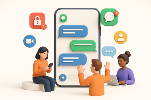 Illustration of smartphone with messaging apps open in a minimal app interface setting, with a creative mood.