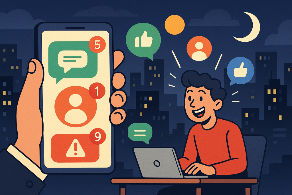 Illustration of hand holding phone with notifications in a city skyline at night setting, with a inspired mood.