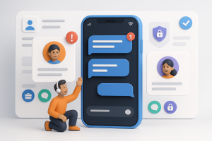 Illustration of smartphone with messaging apps open in a clean digital dashboard setting, with a inspired mood.