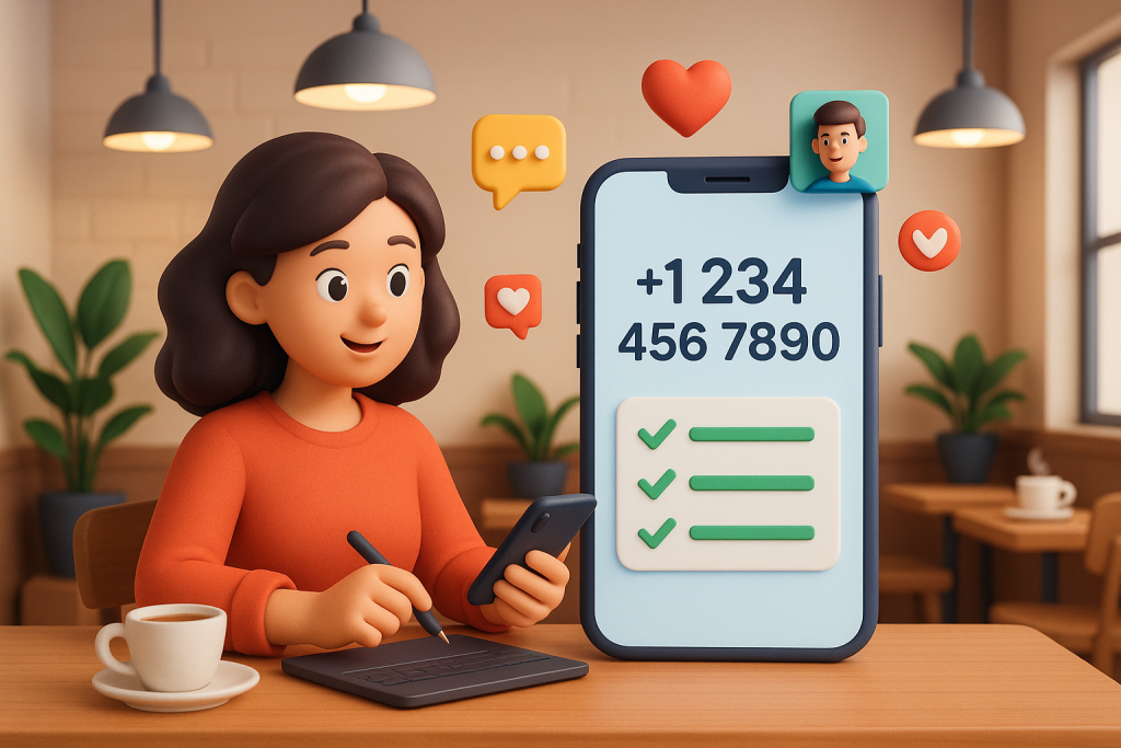 Illustration of virtual phone number concept on screen in a coffee shop setting setting, with a creative mood.