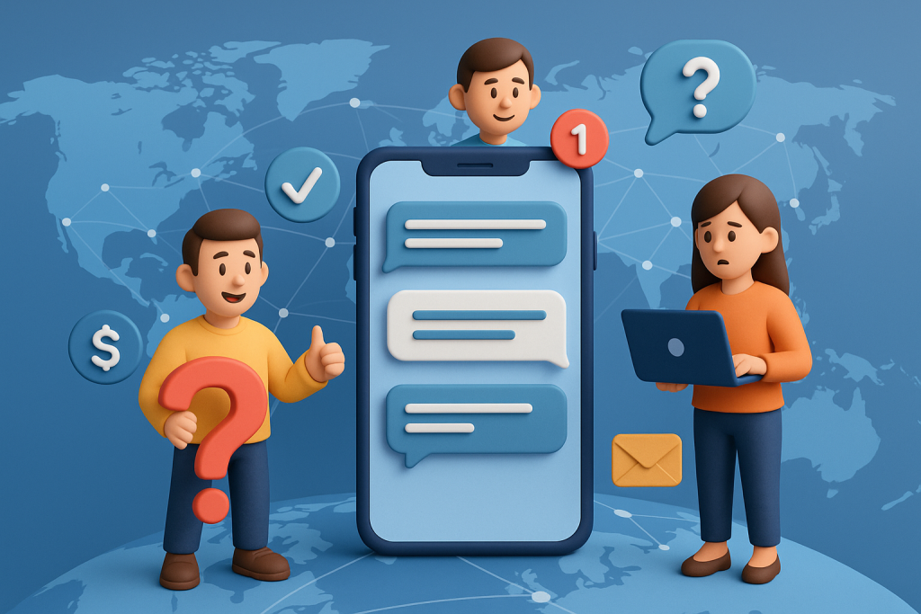 Illustration of smartphone with messaging apps open in a global network map setting, with a determined mood.