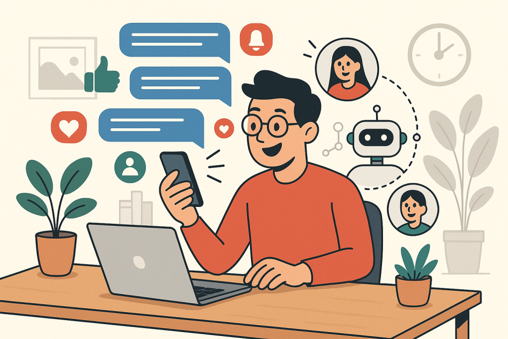 Illustration of user texting with multiple chat bubbles in a home office desk setting, with a inspired mood.