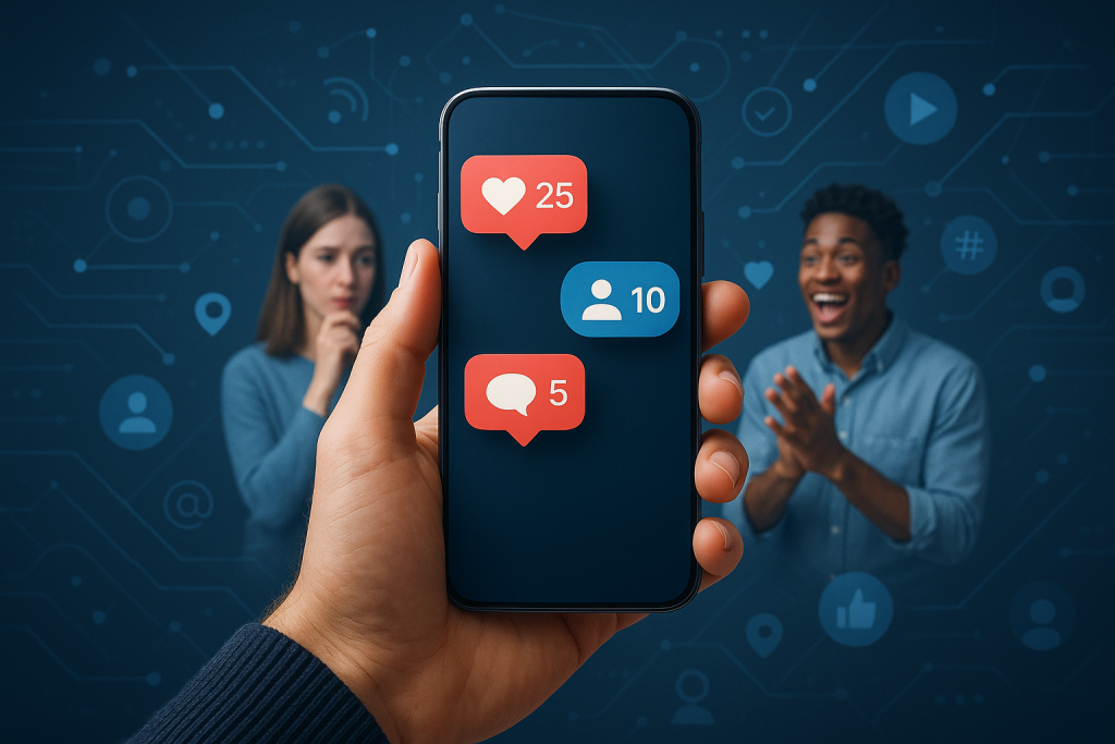 Illustration of hand holding phone with notifications in a abstract tech patterns setting, with a determined mood.