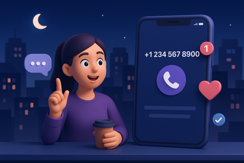 Illustration of virtual phone number concept on screen in a city skyline at night setting, with a inspired mood.