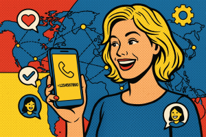 Illustration of virtual phone number concept on screen in a global network map setting, with a happy mood.