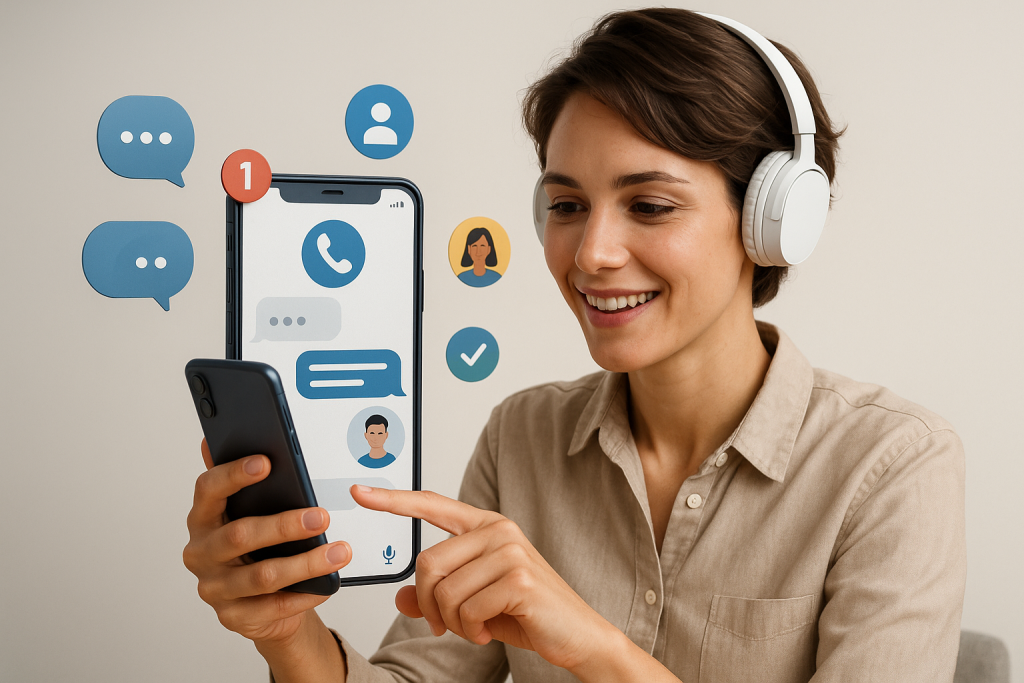 Illustration of support agent using app in a minimal app interface setting, with a inspired mood.