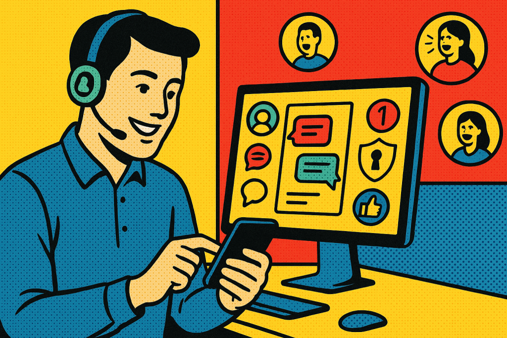 Illustration of support agent using app in a clean digital dashboard setting, with a inspired mood.