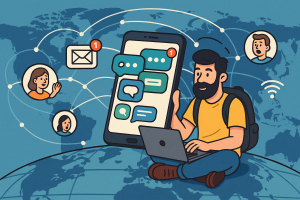 Illustration of smartphone with messaging apps open in a global network map setting, with a focused mood.