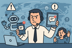 Illustration of person managing messages from devices in a global network map setting, with a determined mood.