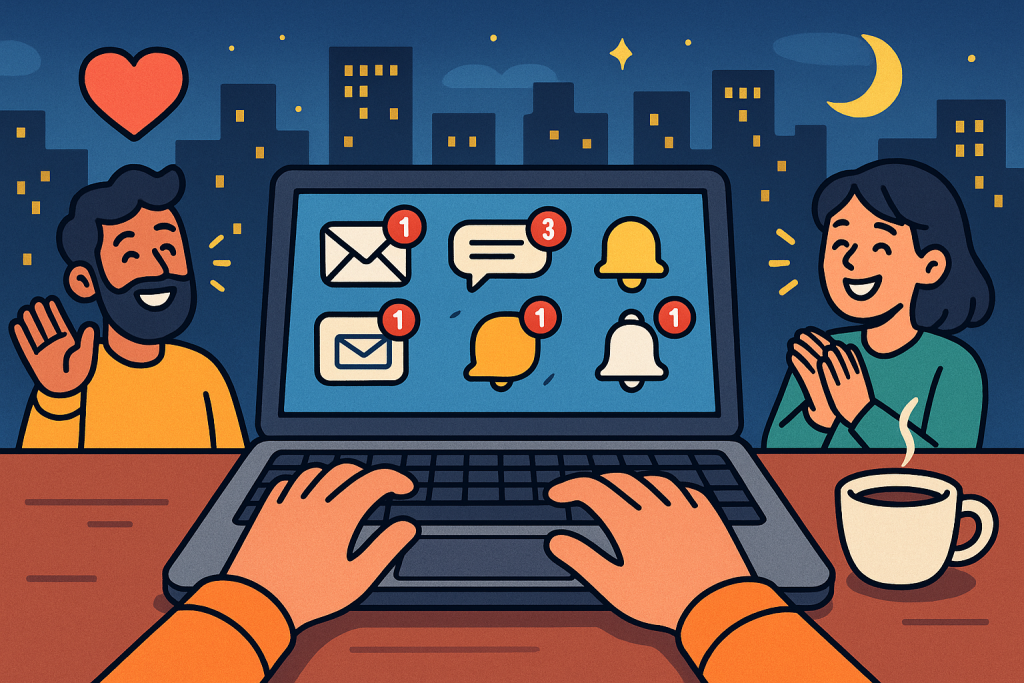 Illustration of laptop displaying unified inbox in a city skyline at night setting, with a happy mood.