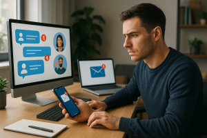 Illustration of person managing messages from devices in a home office desk setting, with a determined mood.