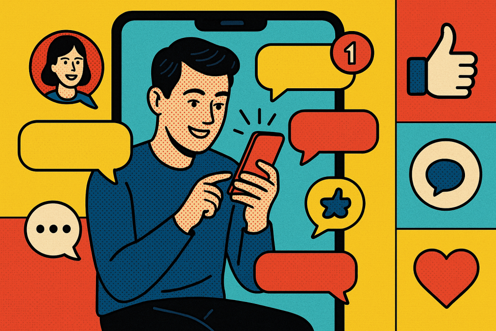 Illustration of user texting with multiple chat bubbles in a minimal app interface setting, with a inspired mood.