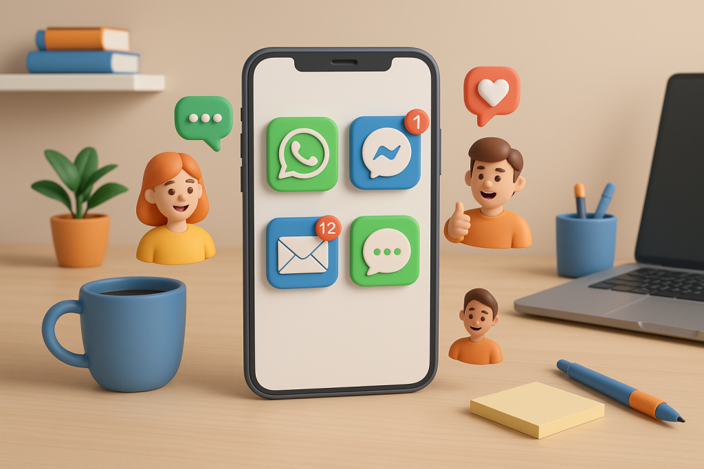Illustration of smartphone with messaging apps open in a home office desk setting, with a inspired mood.