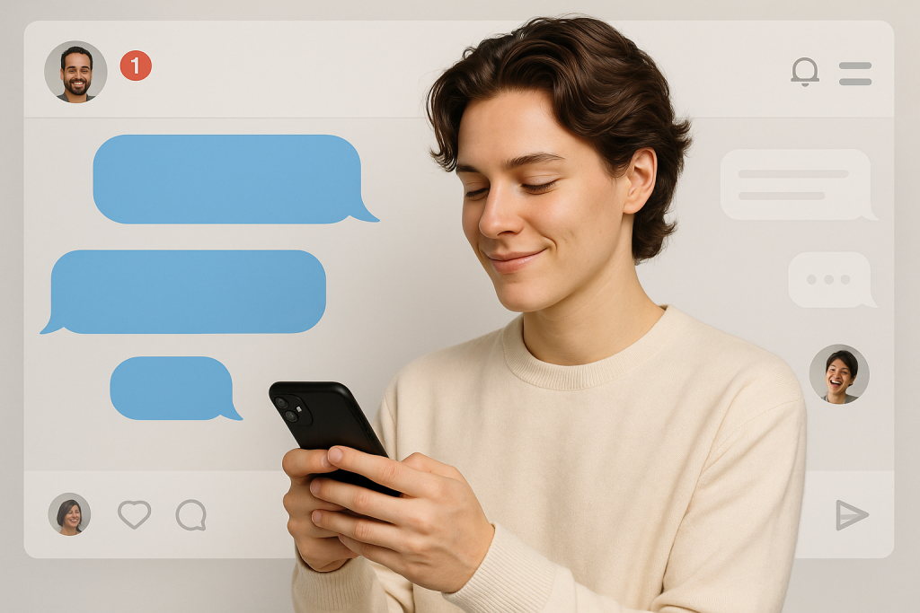 Illustration of user texting with multiple chat bubbles in a minimal app interface setting, with a relaxed mood.