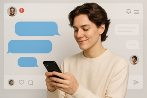 Illustration of user texting with multiple chat bubbles in a minimal app interface setting, with a relaxed mood.