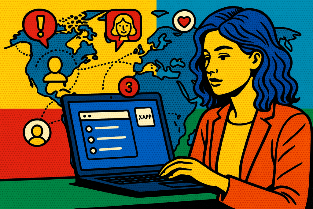 Illustration of laptop displaying unified inbox in a global network map setting, with a creative mood.