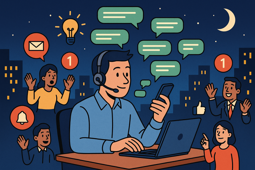Illustration of user texting with multiple chat bubbles in a city skyline at night setting, with a creative mood.