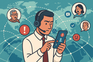 Illustration of support agent using app in a global network map setting, with a focused mood.