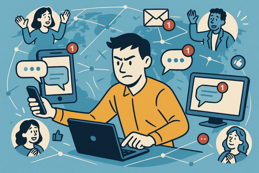 Illustration of person managing messages from devices in a global network map setting, with a determined mood.