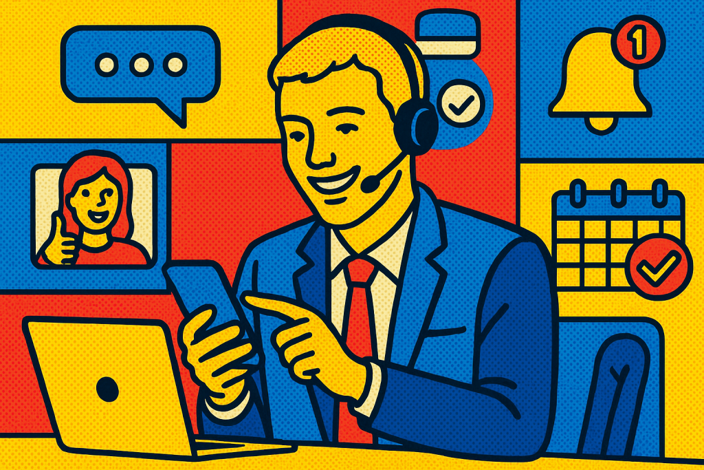 Illustration of support agent using app in a minimal app interface setting, with a happy mood.