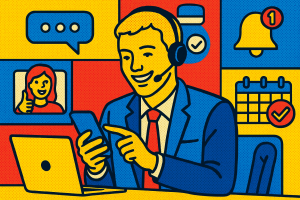 Illustration of support agent using app in a minimal app interface setting, with a happy mood.