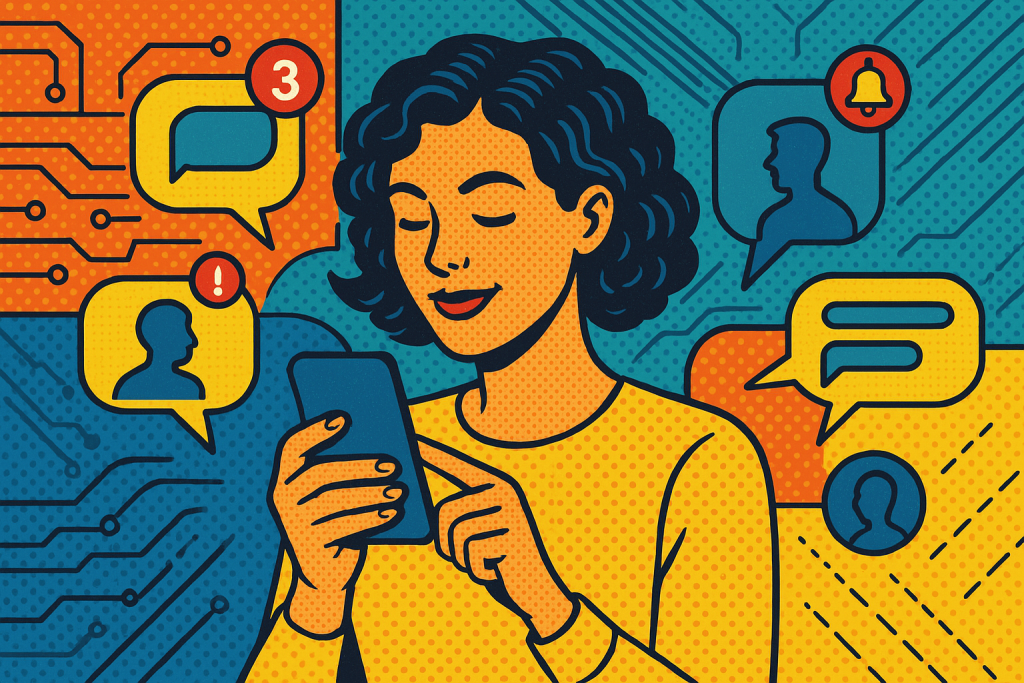 Illustration of user texting with multiple chat bubbles in a abstract tech patterns setting, with a relaxed mood.