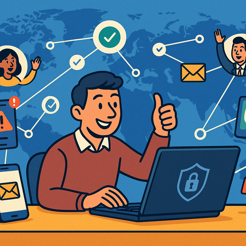 Illustration of person managing messages from devices in a global network map setting, with a inspired mood.
