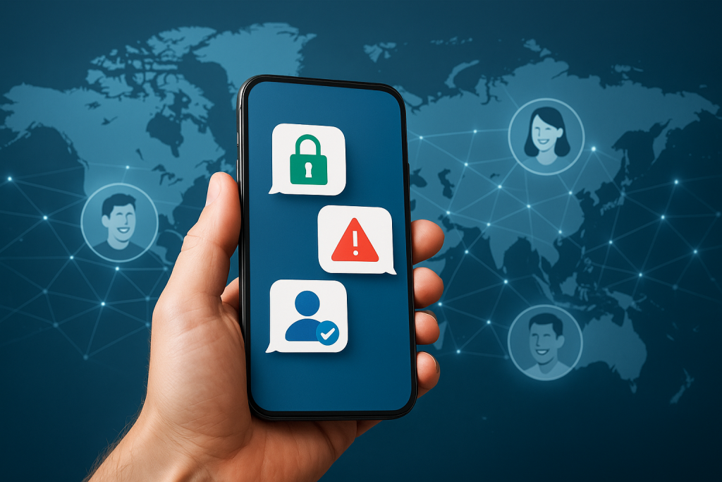 Illustration of hand holding phone with notifications in a global network map setting, with a relaxed mood.