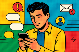 Illustration of user texting with multiple chat bubbles in a abstract tech patterns setting, with a inspired mood.