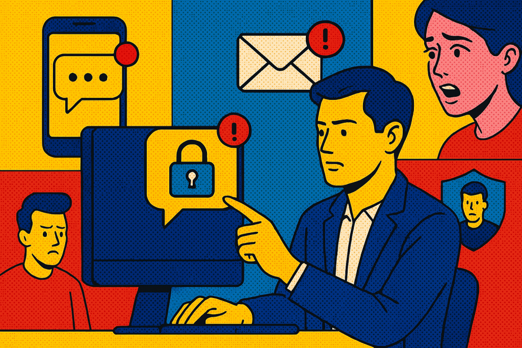 Illustration of person managing messages from devices in a minimal app interface setting, with a determined mood.