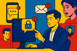 Illustration of person managing messages from devices in a minimal app interface setting, with a determined mood.