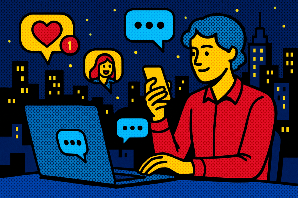 Illustration of person managing messages from devices in a city skyline at night setting, with a creative mood.