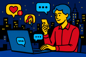 Illustration of person managing messages from devices in a city skyline at night setting, with a creative mood.