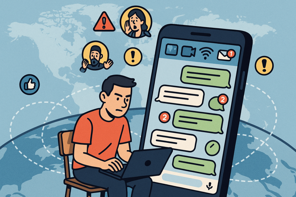 Illustration of smartphone with messaging apps open in a global network map setting, with a focused mood.