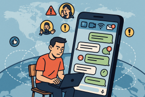 Illustration of smartphone with messaging apps open in a global network map setting, with a focused mood.