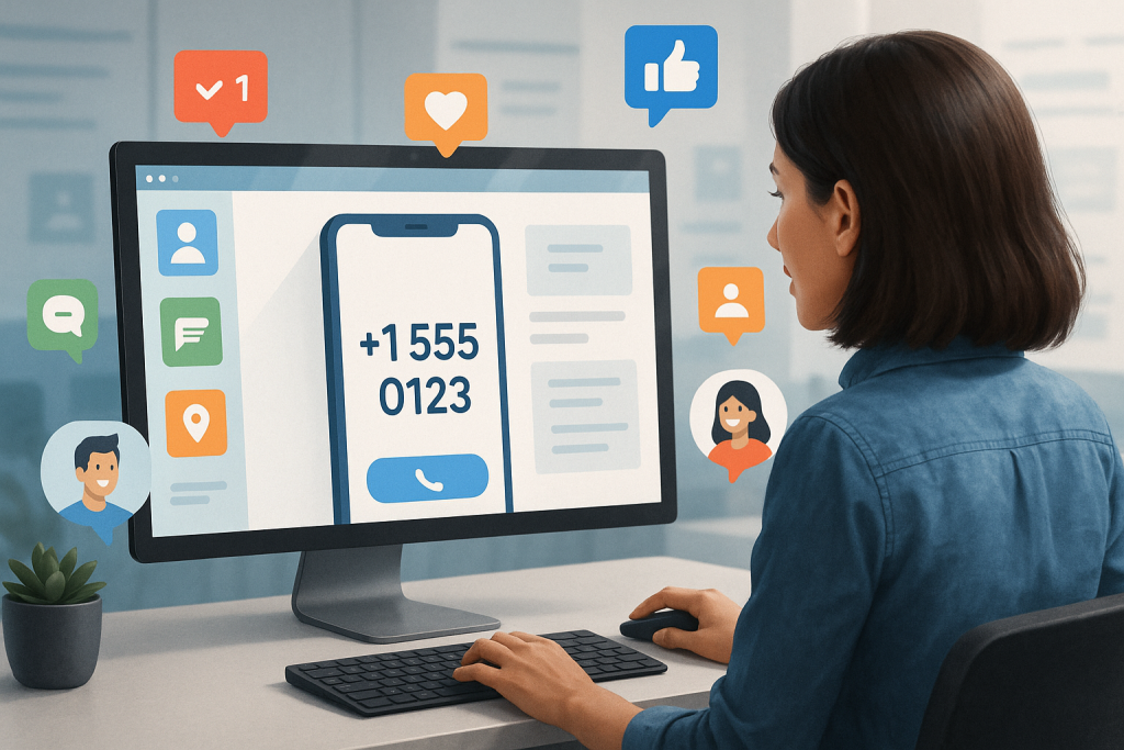 Illustration of virtual phone number concept on screen in a clean digital dashboard setting, with a creative mood.