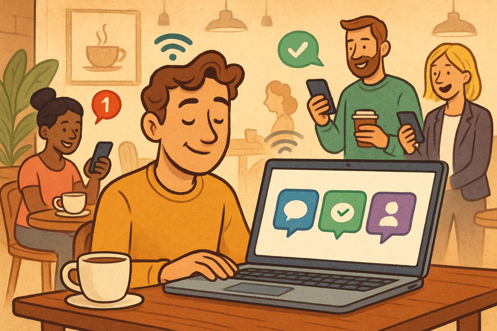 Illustration of laptop displaying unified inbox in a coffee shop setting setting, with a relaxed mood.
