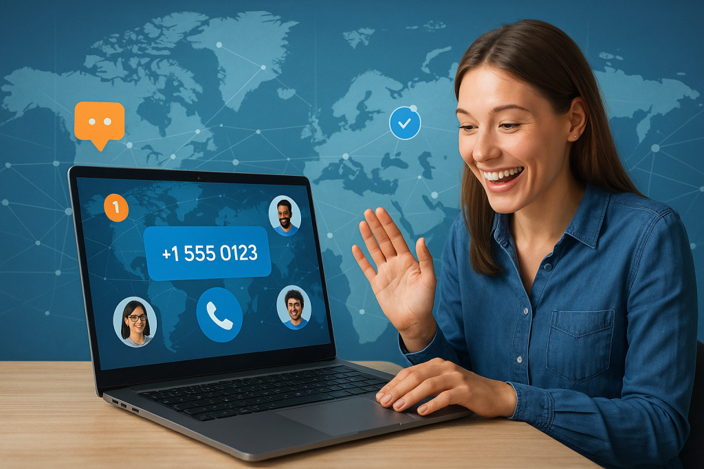 Illustration of virtual phone number concept on screen in a global network map setting, with a happy mood.