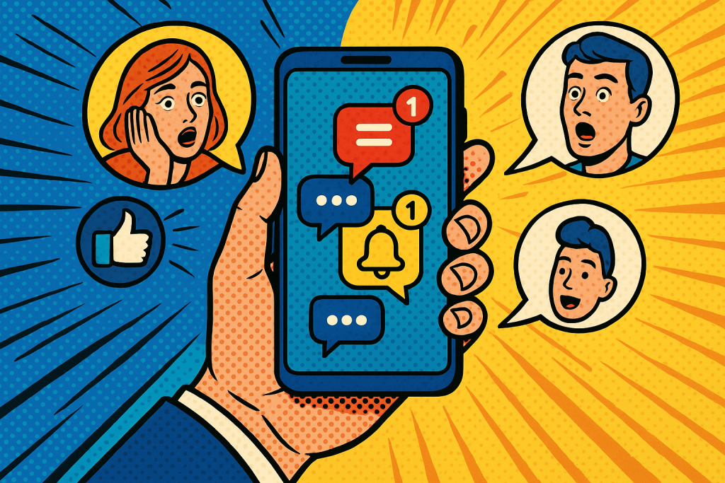 Illustration of hand holding phone with notifications in a abstract tech patterns setting, with a creative mood.