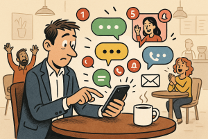 Illustration of user texting with multiple chat bubbles in a coffee shop setting setting, with a creative mood.