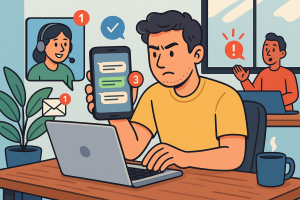 Illustration of smartphone with messaging apps open in a modern workspace setting, with a determined mood.