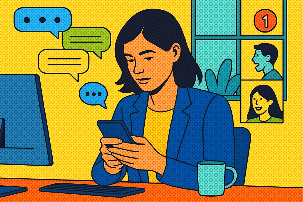Illustration of user texting with multiple chat bubbles in a modern workspace setting, with a focused mood.