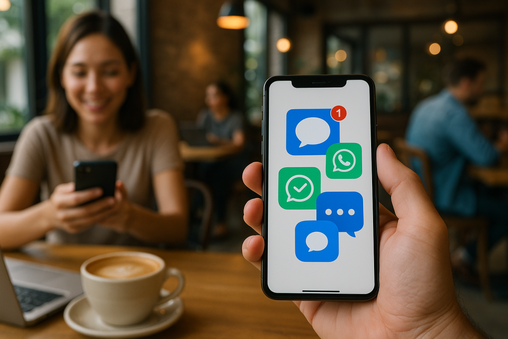 Illustration of hand holding phone with notifications in a coffee shop setting setting, with a relaxed mood.