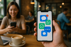Illustration of hand holding phone with notifications in a coffee shop setting setting, with a relaxed mood.
