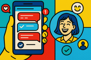 Illustration of hand holding phone with notifications in a minimal app interface setting, with a happy mood.